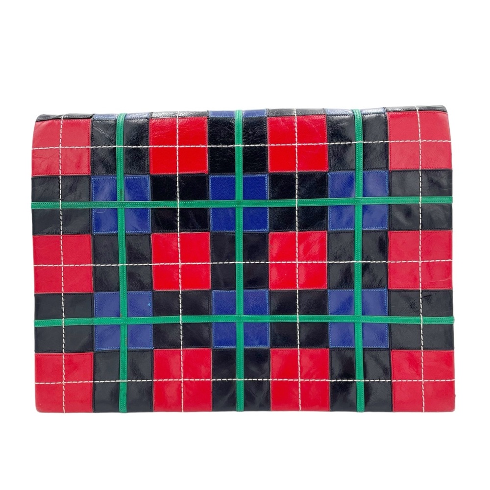 Andrea Pfister Vintage 1980s Multicolor Plaid Splat Leather Clutch Purse Bag